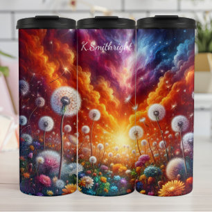 Lebhafter Dandelion Field kosmischer Sonnenunterga Thermosbecher