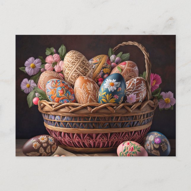 Lebhafter festlicher Korb von Ostereiern Postkarte (Vorderseite)