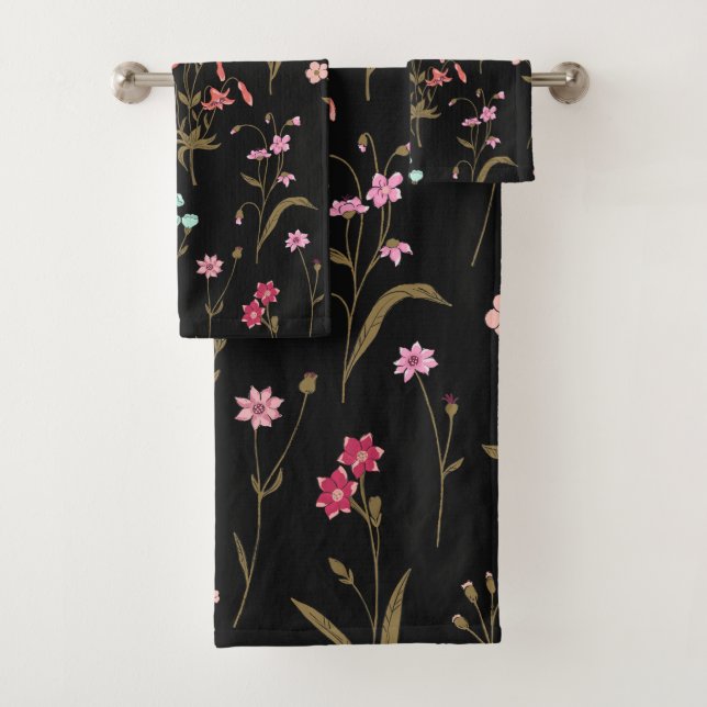 Lebhafter floraler Medley dunkler Hintergrund Badhandtuch Set (Insitu)