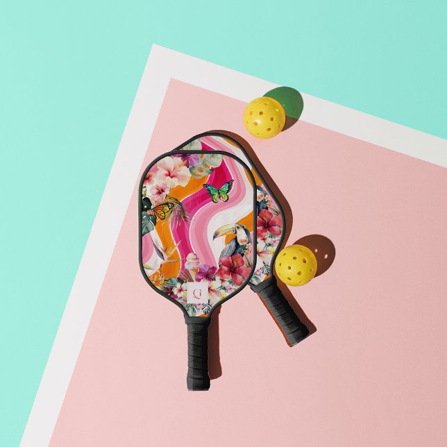 Lebhafter Fluss | Funky Retro Tropical Monogram Pickleball Schläger (Von Creator hochgeladen)