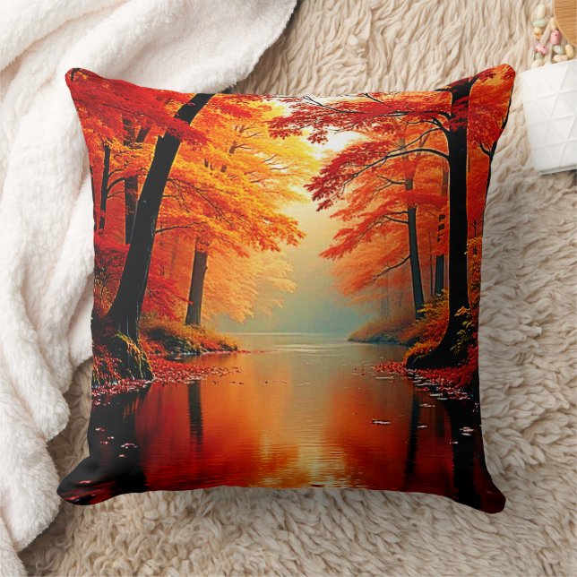 Lebhafter Fluss im Herbst Gold Design Kissen (Decke)
