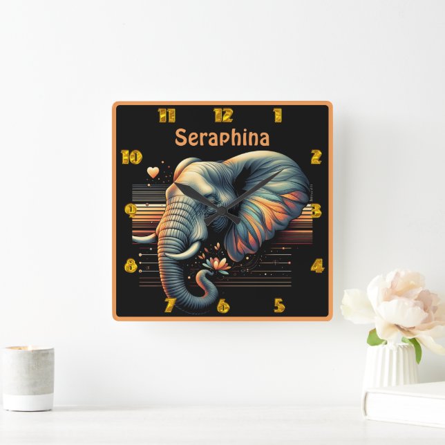Lebhafter gemusterter Elefant bei Sonnenuntergang Quadratische Wanduhr (Zuhause)