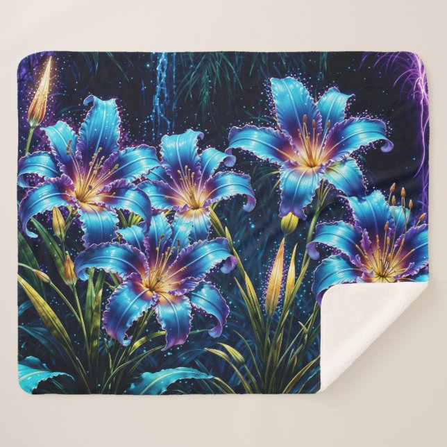 Lebhafter heller, blühender digitaler Fantasiegart Sherpadecke (Vorderseite (Horizontal))