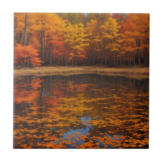 Lebhafter Herbstsee und Wald Fliese (Vorderseite)