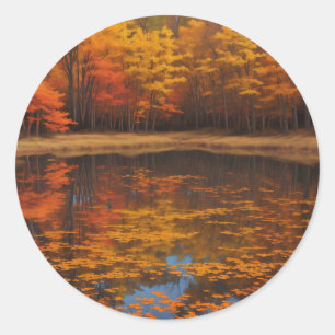 Lebhafter Herbstsee und Wald Runder Aufkleber