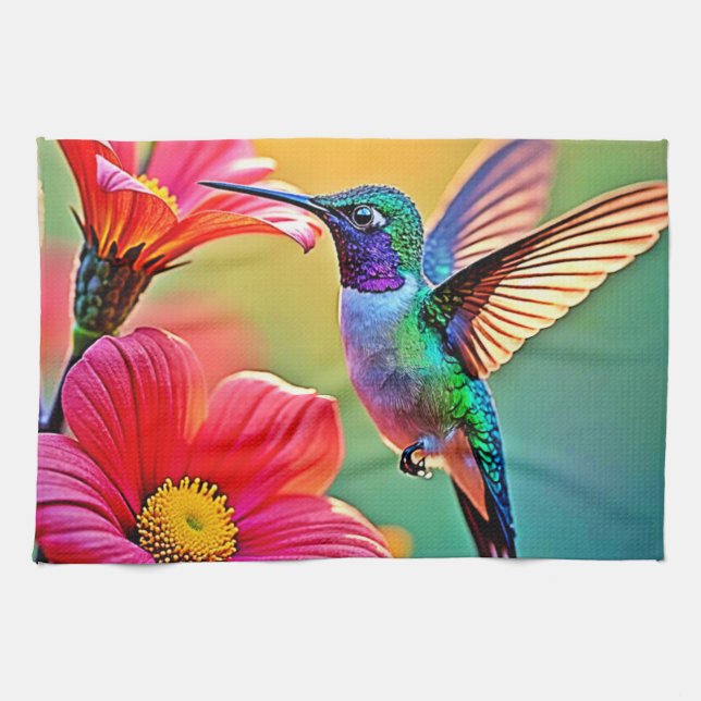 Lebhafter Hummingbird im Sunset Design Geschirrtuch (Horizontal)