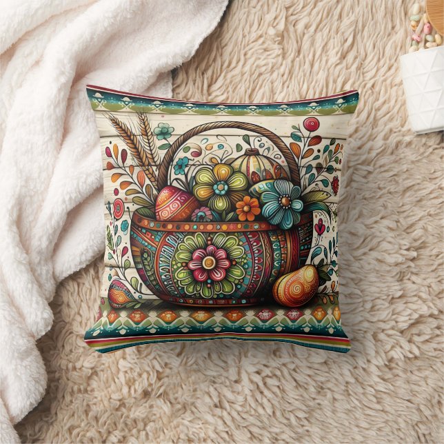 Lebhafter Korb mit Blume und dekorierten Eiern Kissen (Decke)