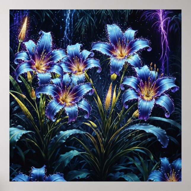 Lebhafter leuchtender Lilien blühender Fantasiegar Poster (Vorne)
