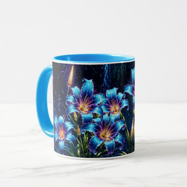 Lebhafter leuchtender Lilien blühender Fantasiegar Tasse (Vorderseite Links)