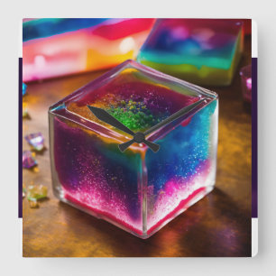 "Lebhafter mehrfarbiger Wall-Clock-Cube: Zeit in T Quadratische Wanduhr