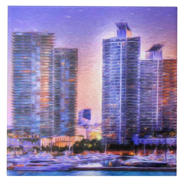 Lebhafter Miami Skyline Sunrise Fliese (Vorderseite)