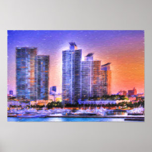 Lebhafter Miami Skyline Sunrise Poster