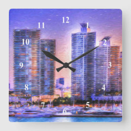 Lebhafter Miami Skyline Sunrise Quadratische Wanduhr