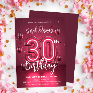Lebhafter Neon Pink 30. Geburtstag mit Balloons Einladung