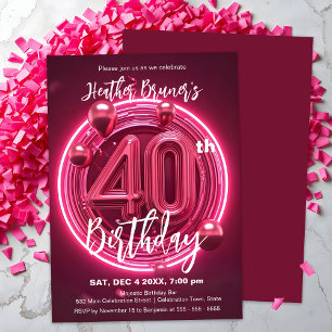 Lebhafter Neon Pink 40. Geburtstag mit Balloons Einladung