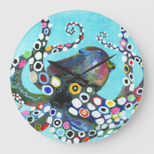 Lebhafter Oktopus: AcrylIllustration Große Wanduhr