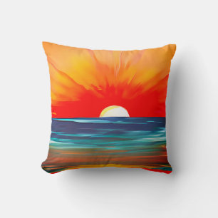 Lebhafter Ozean Sonnenuntergang in Orange und Blau Kissen