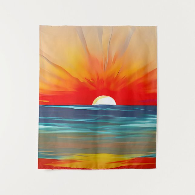 Lebhafter Ozean Sonnenuntergang in Orange und Blau Wandteppich (Vorderseite)