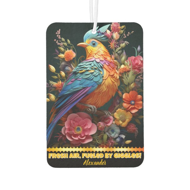 Lebhafter Papagei inmitten farbenfroher Blumenarra Autolufterfrischer (Rückseite)