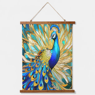 Lebhafter Pfau im Jugendstil Wandteppich Mit Holzrahmen