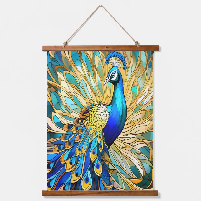 Lebhafter Pfau im Jugendstil Wandteppich Mit Holzrahmen (Vorderseite)