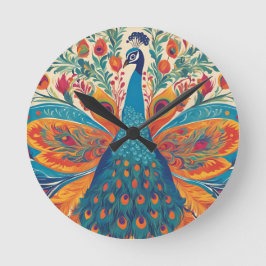 "Lebhafter Pfau im mexikanischen Folkkunststil Runde Wanduhr