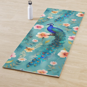 Lebhafter Pfau mit Federn und üppigen Florals Yogamatte