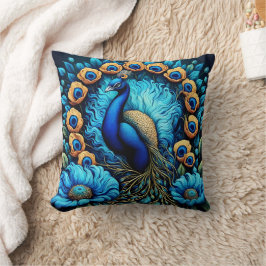 Lebhafter Pfau umgeben von farbenfrohen Blume Kissen