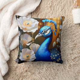 Lebhafter Pfau unter den weißen Blume bei Sonnenun Kissen