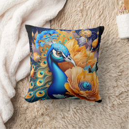 Lebhafter Pfau zeigt Federn unter Blume Kissen