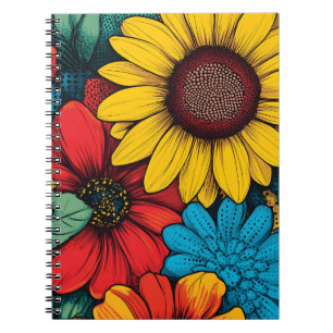 Lebhafter Pop Art Blumendesign mit Sonnenblumen Notizblock