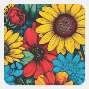Lebhafter Pop Art Blumendesign mit Sonnenblumen Quadratischer Aufkleber