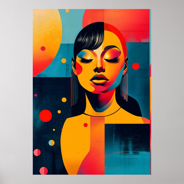 Lebhafter Pop Art Portrait: Serene Frau Poster (Vorne)