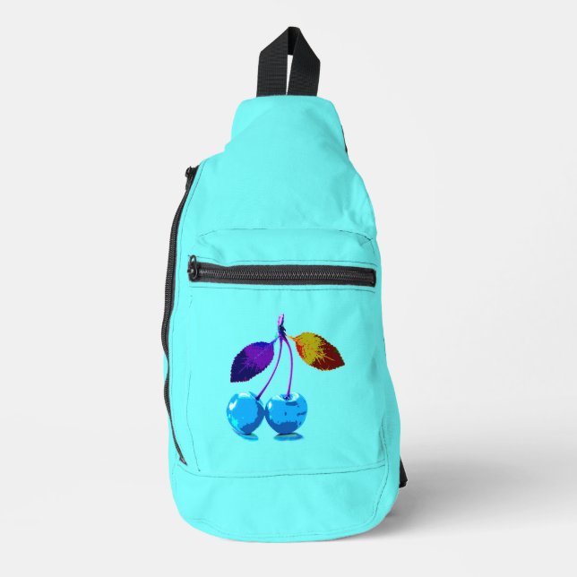 Lebhafter Pop Light Blue Cherries Moderne Kunst Crossbody Bag (Vorderseite)
