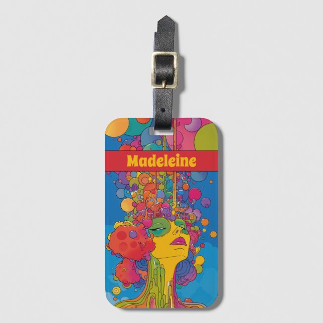 Lebhafter psychedelischer Pop Art Groovy Retro Des Gepäckanhänger (Vorderseite Vertikal)