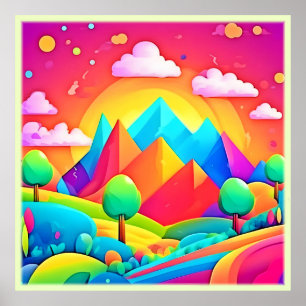 Lebhafter Regenbogen-Cartoon Landschaft Poster