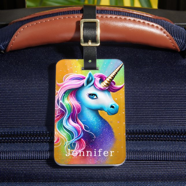 Lebhafter Regenbogen und Imitate Glitzer Unicorn Gepäckanhänger (Vorderseite Insitu 2)