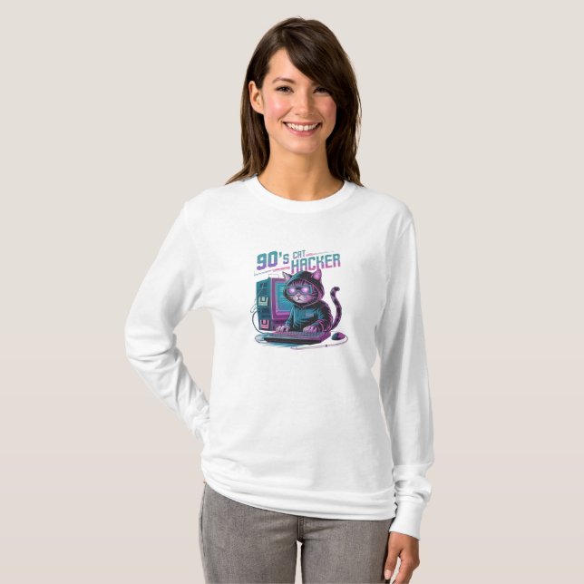 Lebhafter Retro 90er Cat Hacker Long Sleeve T - Sh T-Shirt (Vorne ganz)