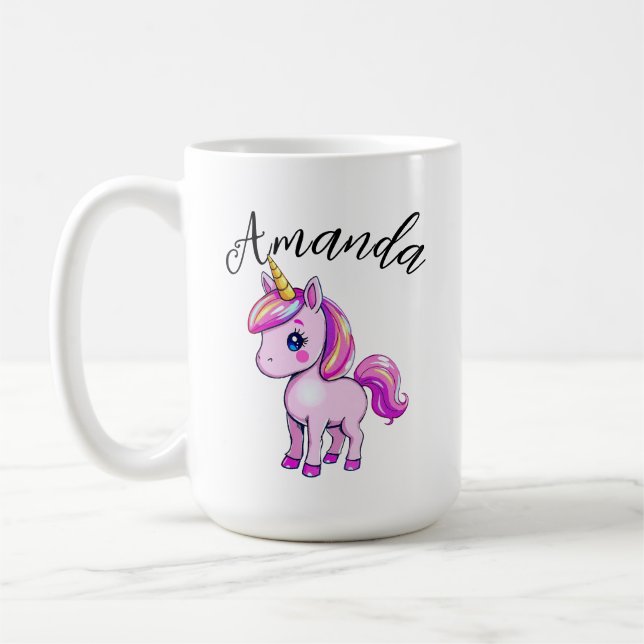 Lebhafter Rosa Einhorn Girl Name Kaffeetasse (Links)