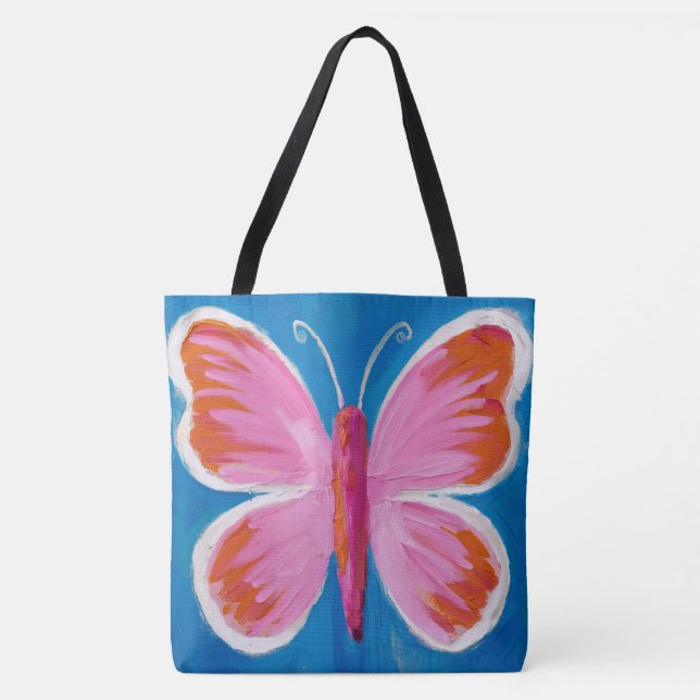 Lebhafter rosafarbener Schmetterling auf blauem Hi Tasche (Vorderseite)
