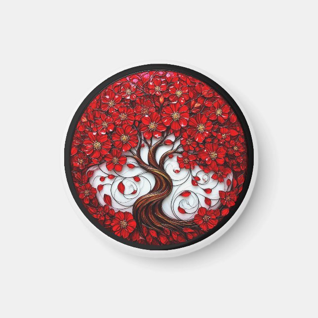 Lebhafter Roter Blume-Baum mit stilvollen Details Magnet (Vorne)