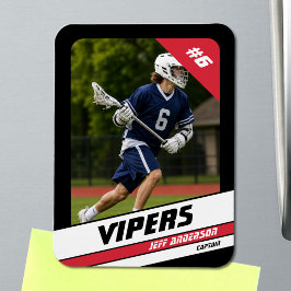 Lebhafter roter schwarzer Lacrosse-Spieler-Foto-Ma Magnet