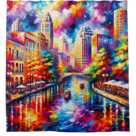 "Lebhafter San Antonio Riverwalk mit Riverboats" Duschvorhang