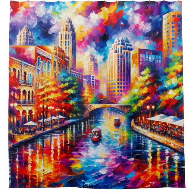 "Lebhafter San Antonio Riverwalk mit Riverboats" Duschvorhang (Vorderseite)