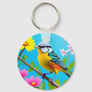 Lebhafter Singvogel auf einem blühenden Ast Schlüsselanhänger