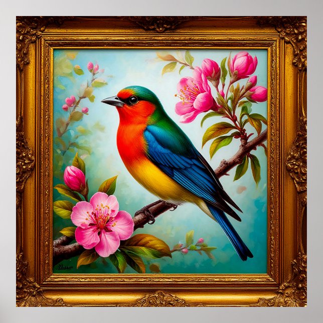 Lebhafter Songbird auf blühenden Branchen Poster (Vorne)