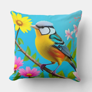 Lebhafter Songbird auf einem blühenden Zweig Kissen