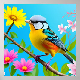 Lebhafter Songbird auf einem blühenden Zweig Poster