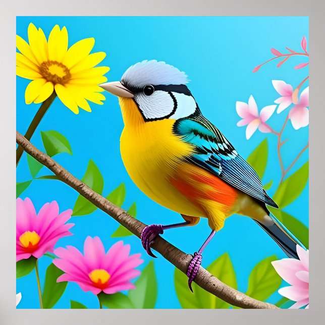 Lebhafter Songbird auf einem blühenden Zweig Poster (Vorne)