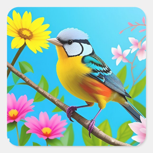 Lebhafter Songbird auf einem blühenden Zweig Quadratischer Aufkleber (Vorderseite)